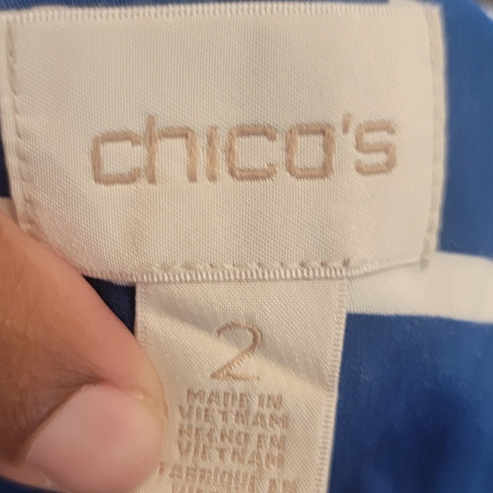 Chico's Blue White Abstract Geometric Open Front Topper Jacket Size 2 Large - Picture 5 of 5